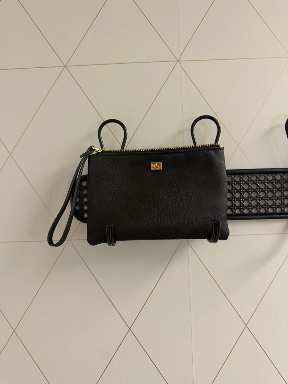Women’s Black Pebbled Wristlet Clutch Gold Hardware Zip Closure Wrist Strap